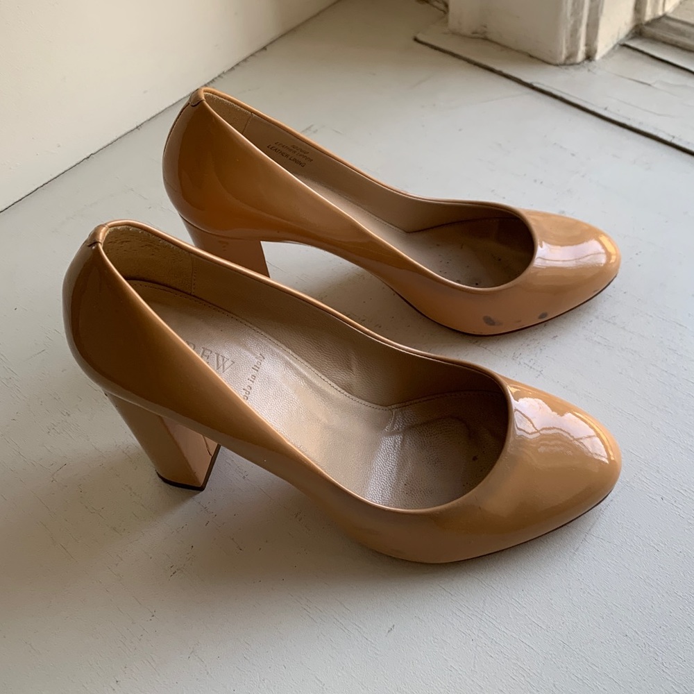 Blush pink patent leather J Crew Etta pumps.